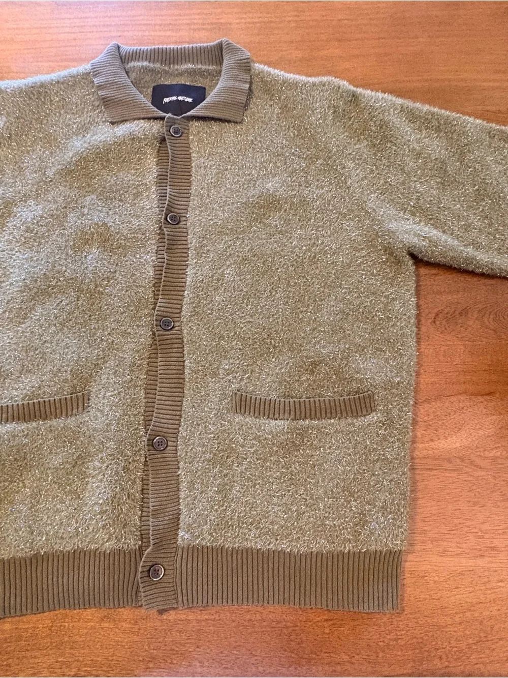 Men's Olive Green and silver Textured Button-Up Sweater Cardigan NWOT